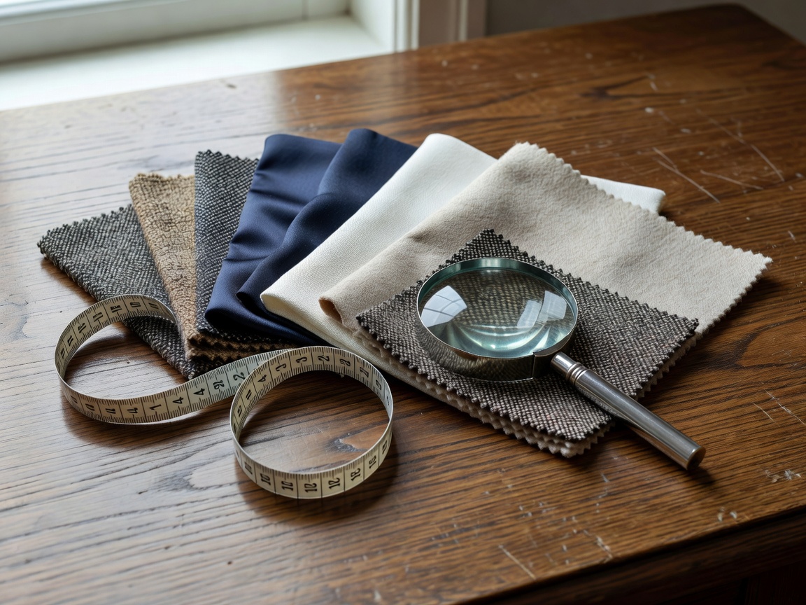Close-up of fabric swatches, a measuring tape and a magnifying loupe on a wooden desk