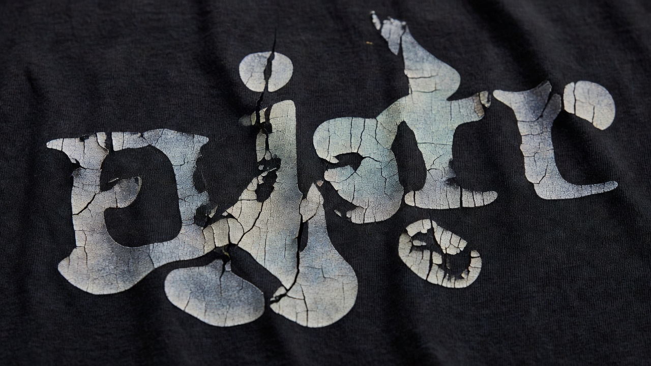 Close-up of a faded screen-printed graphic on black cotton, with cracked ink and visible knit texture