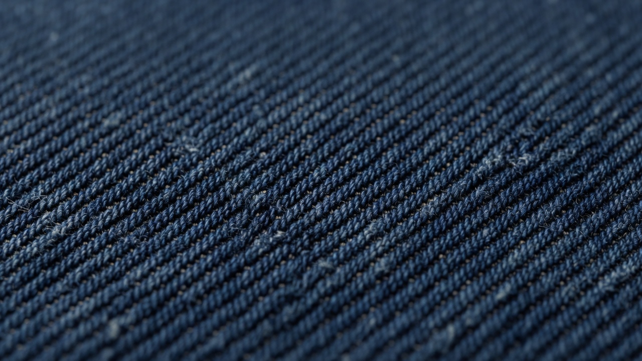 Macro photograph of raw indigo denim showing slubby diagonal twill lines in shallow focus