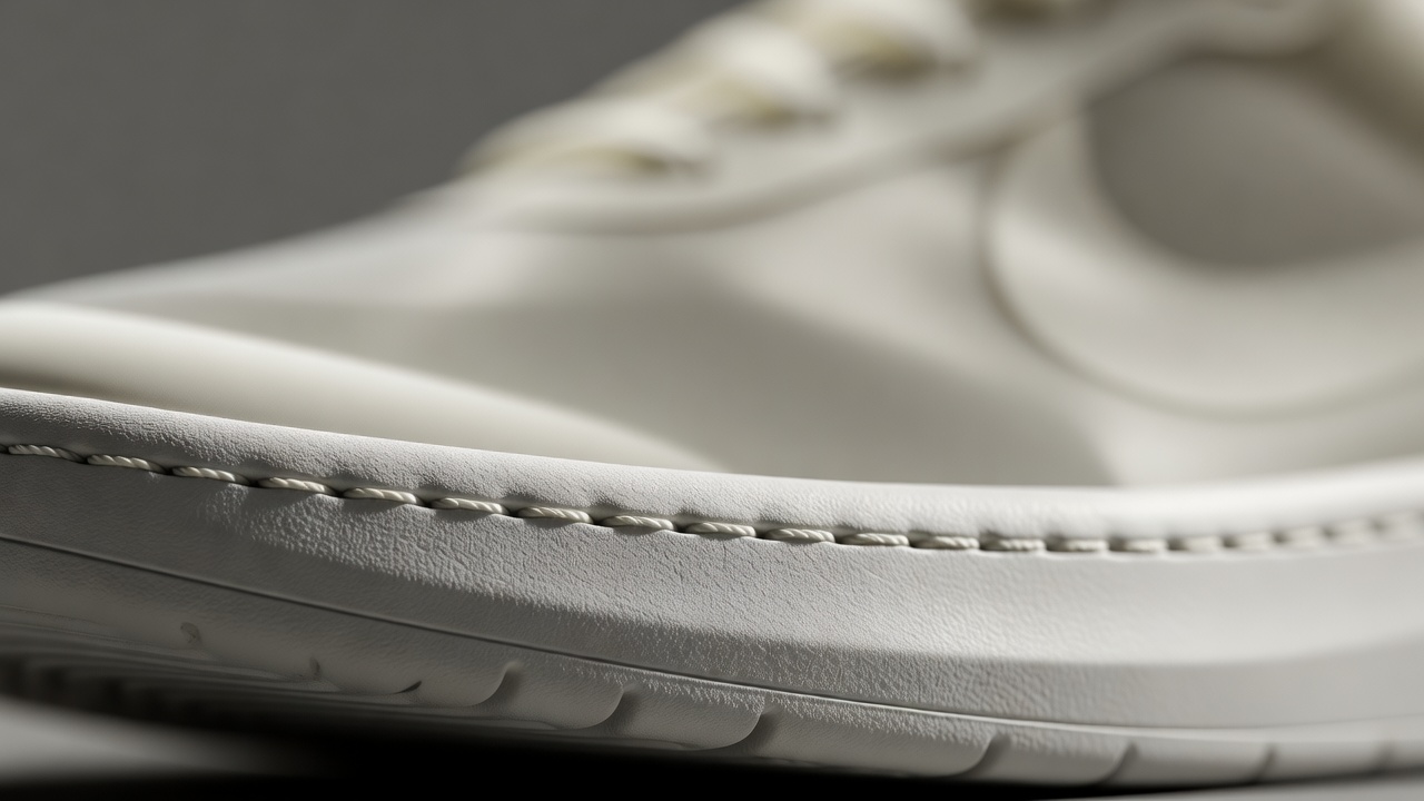 Low-angle macro of white stitching running along a sneaker midsole, with the upper softly blurred