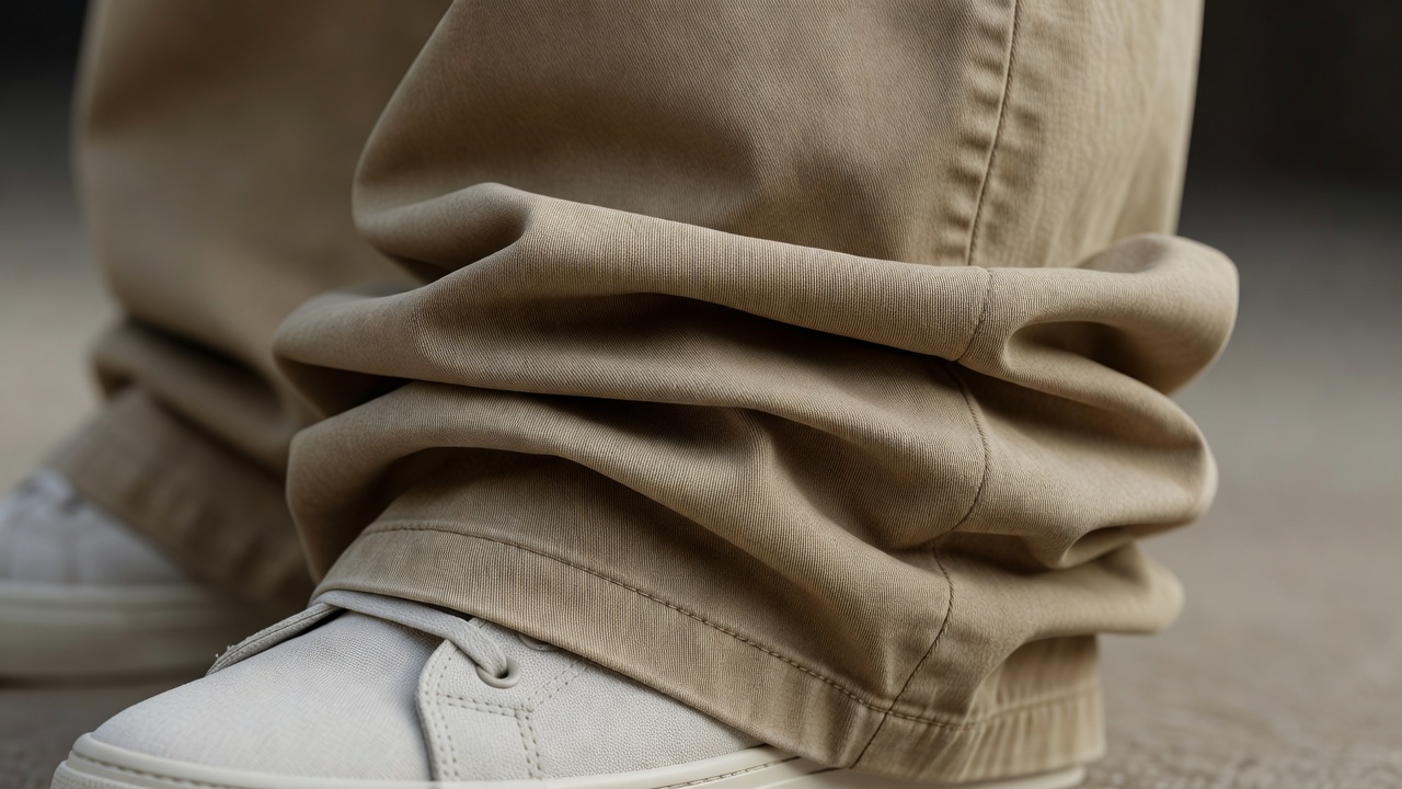 Close-up of a wide cotton twill trouser hem stacking in soft folds over the top of a sneaker